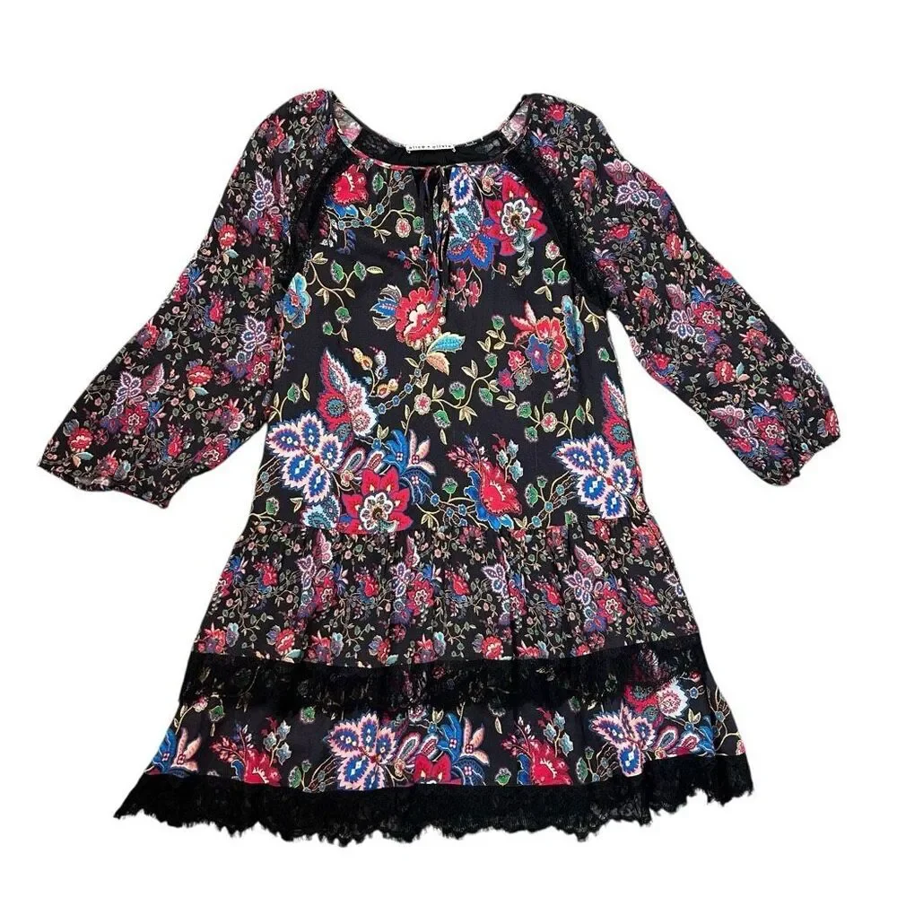 Alice + Olivia Lakita Tunic Dress Small Black Floral Long Sleeve Tiered Lace Boh - Picture 7 of 16